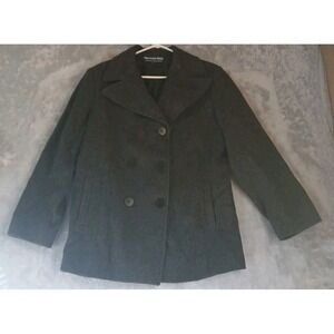 Herman Kay Womens Pea Coat Sz L 100% Wool Dark Grey‎ Double Breasted Blk Button